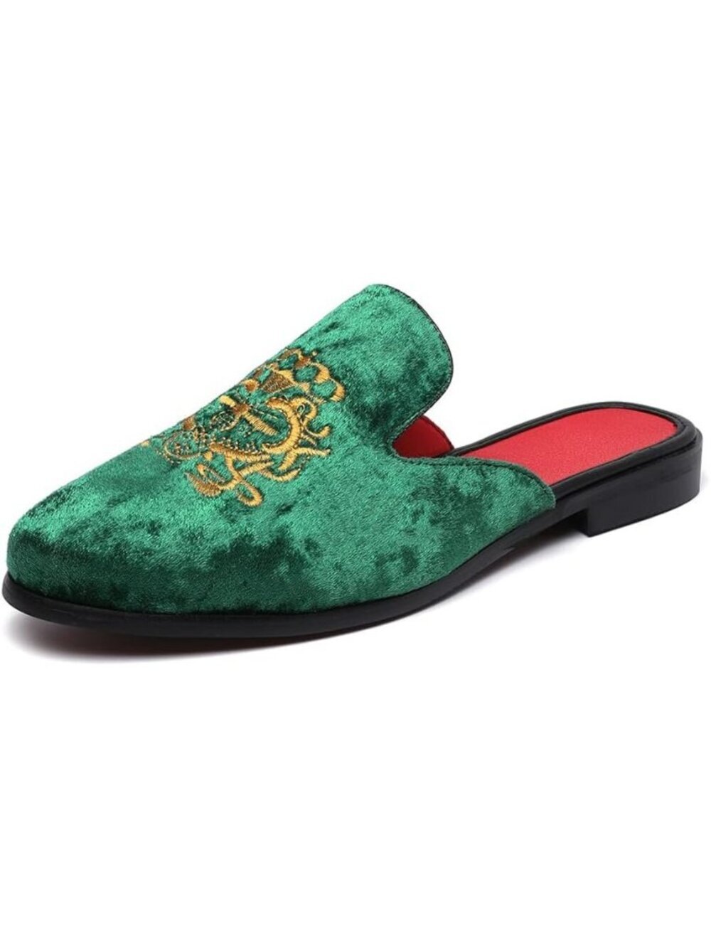 🆕Men Green Rubber Velvet Patent Leather Crown Embroidery Slip On Loafer Slipper